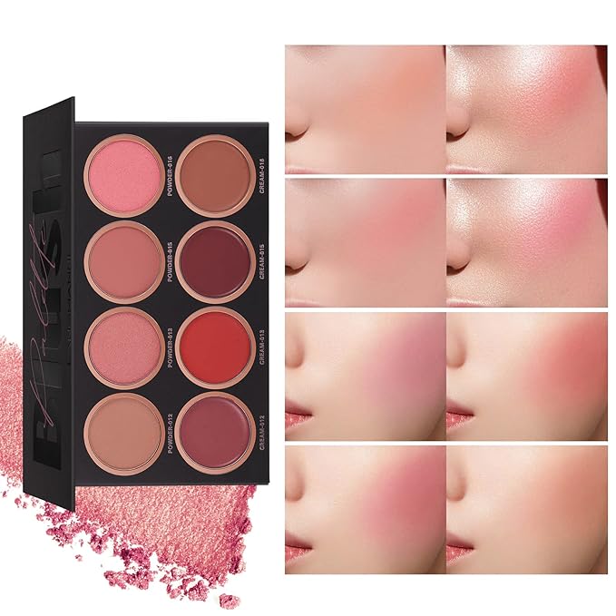 8 Colors Blush Palette, 4 Powder + 4 Cream Blush Palette, Contour and Highlight Blush Palette, Natural Nude Makeup Brighten Skin Tone Portable Makeup Blush, Professional Facial Makeup Blush-BrightBean Baby