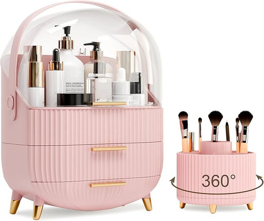 Makeup Organizers and Storage Make up Organizer for Vanity Cosmetics Skincare With Lid and Drawers Display Cases for Countertop Bathroom Women Teenager Girl Gifts(Pink+Brush Holder)-BrightBean Baby
