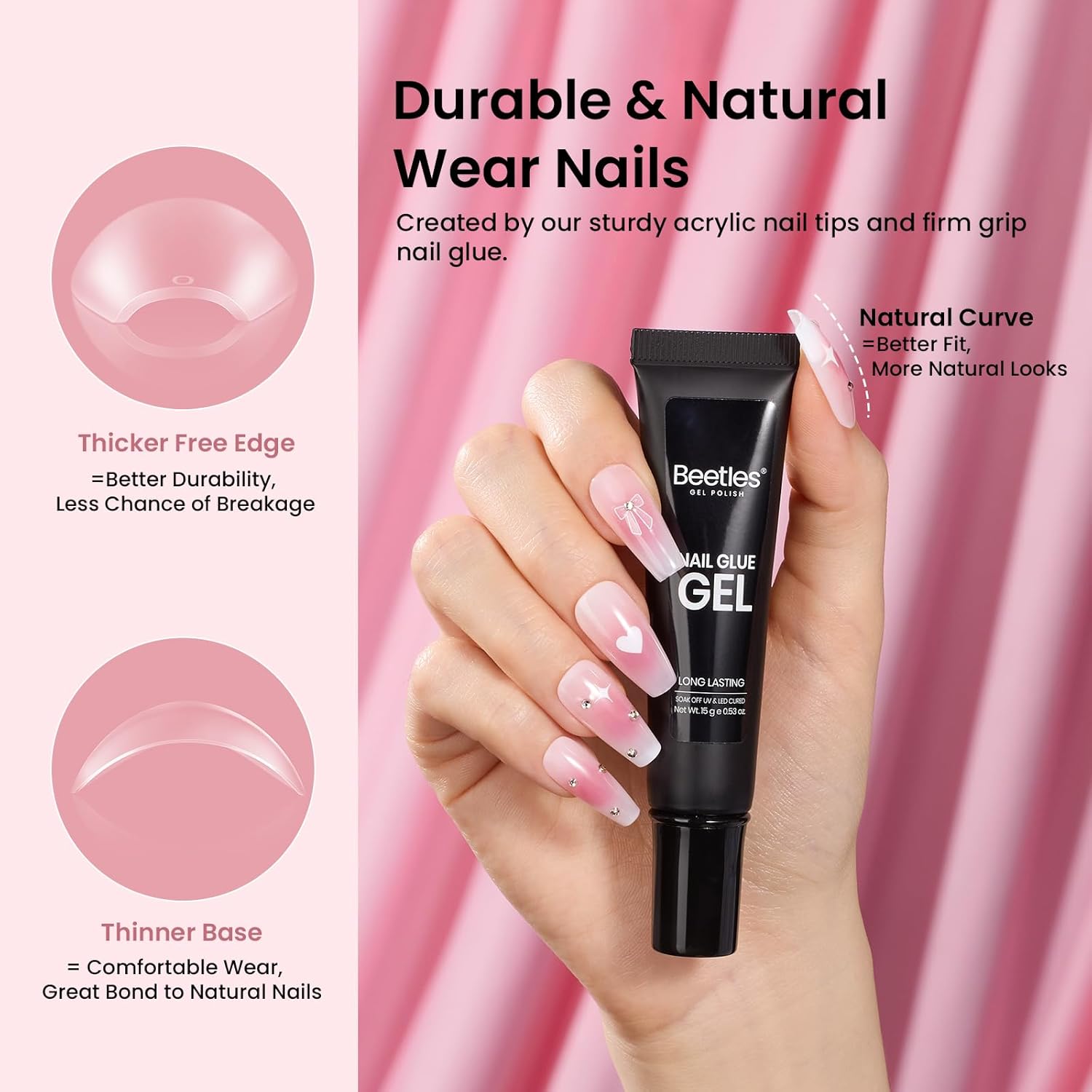 Beetles Gel Nail Kit Medium Coffin with Nail Dehydrator and Primer, 576Pcs Half Matte Etch-X Gel Nail Tips Solid Nail Glue Mini Nail Lamp Acrylic Nail Tips Easy DIY Nail Extension Set Gift for Women-BrightBean Baby