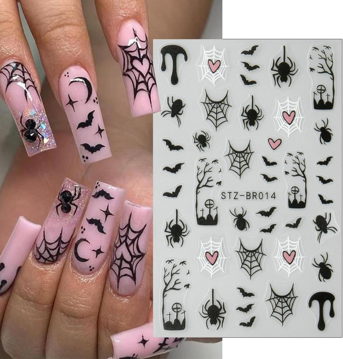 6Pcs Halloween Nail Stickers for Nail Art, Bat Spiders Nail Art Stickers Spider Web Black Rose Skull Ghost Nails Design Decals Halloween Nail Supplies for Women DIY Manicure Decoration Accessories-BrightBean Baby
