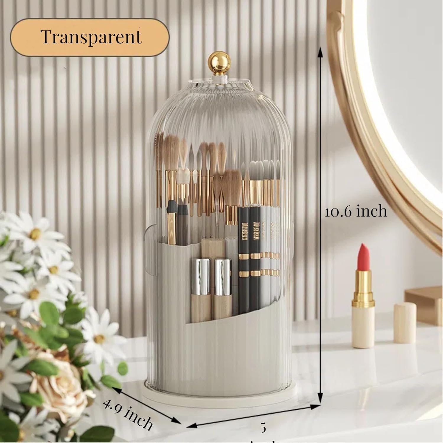 B-H1 Makeup Brush Holder with Dustproof Cover 360 Rotating Makeup Brushes Organizer for Vanity Desktop Bathroom (Transparent)-BrightBean Baby