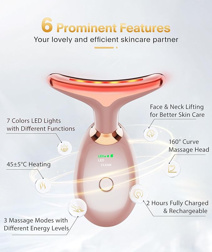 7-in-1 Deplux Face Neck Massager for Daily Skin Care Routine, Portable Facial Massager, Skin Care Tool, Rose Gold-BrightBean Baby