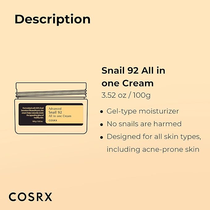 COSRX Snail Mucin 92% Repair Cream, Daily Face Gel Moisturizer for Dry Skin, Acne-prone, Sensitive Skin, Not Tested on Animals, No Parabens, Korean Skincare (3.52 Fl Oz (Pack of 1))-BrightBean Baby