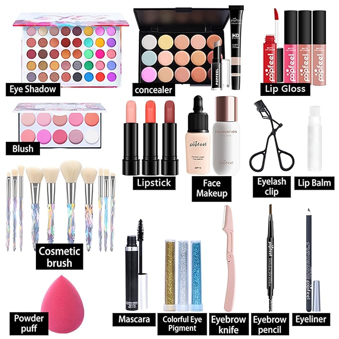 All-in-One Makeup Gift Set Travel Makeup Kit Complete Starter Makeup Bundle Lipgloss Lipstick Concealer Blushes Powder Eyeshadow Palette Cosmetic Palette for Teen Girls & Adults #17-BrightBean Baby