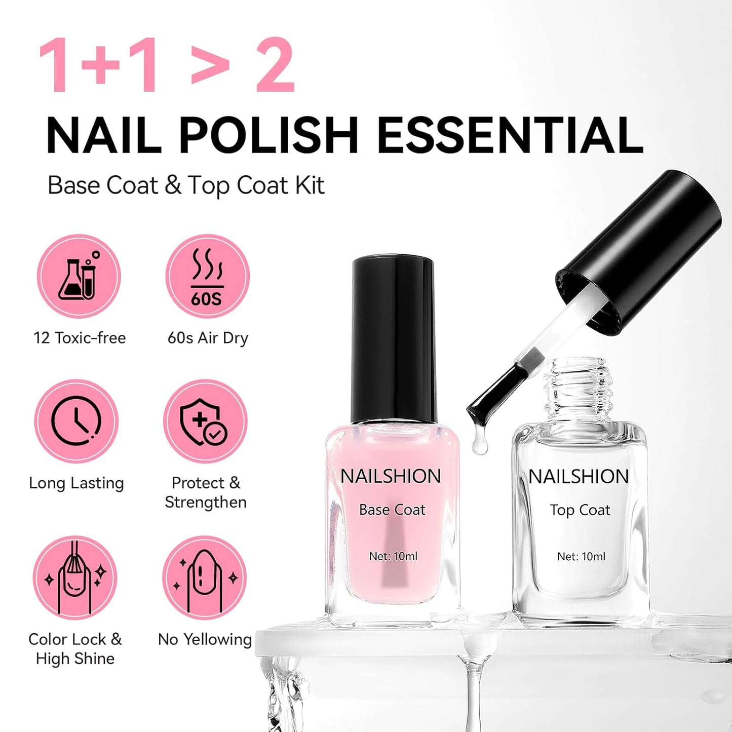 Clear Pink Base Top Coat Clear Nail Polish, Sheer Pink Base Ridge Filler Strengthening Anti Chip Nail Concealer, Non Gel, Salon Quality, Quick Dry Home DIY Nail Art Gift Set-BrightBean Baby