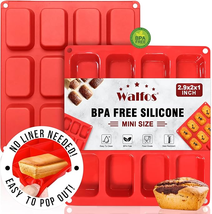 Walfos Silicone Mini Loaf pan, 12 Cavities Mini Bread Pan Brownie Pan, Food Grade & Non-stick, Ideal For Mini Bread, Brownie, Cornbread, Cheesecake & Chocolate, Set of 2