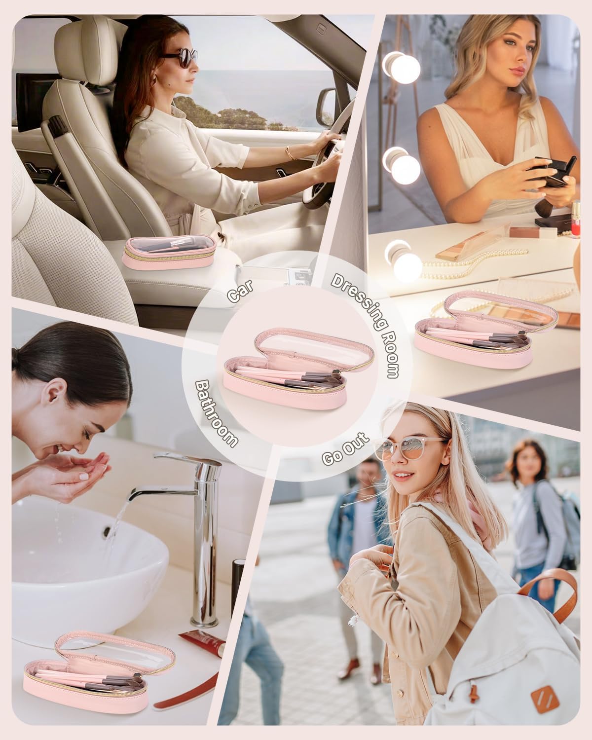 Clear Travel Makeup Brush Holder, Leather Makeup Brush Toiletry Bag, Portable Cosmetic Brush Case, Transparent Waterproof Makeup Brush Storage Bag, Pink, Large-BrightBean Baby