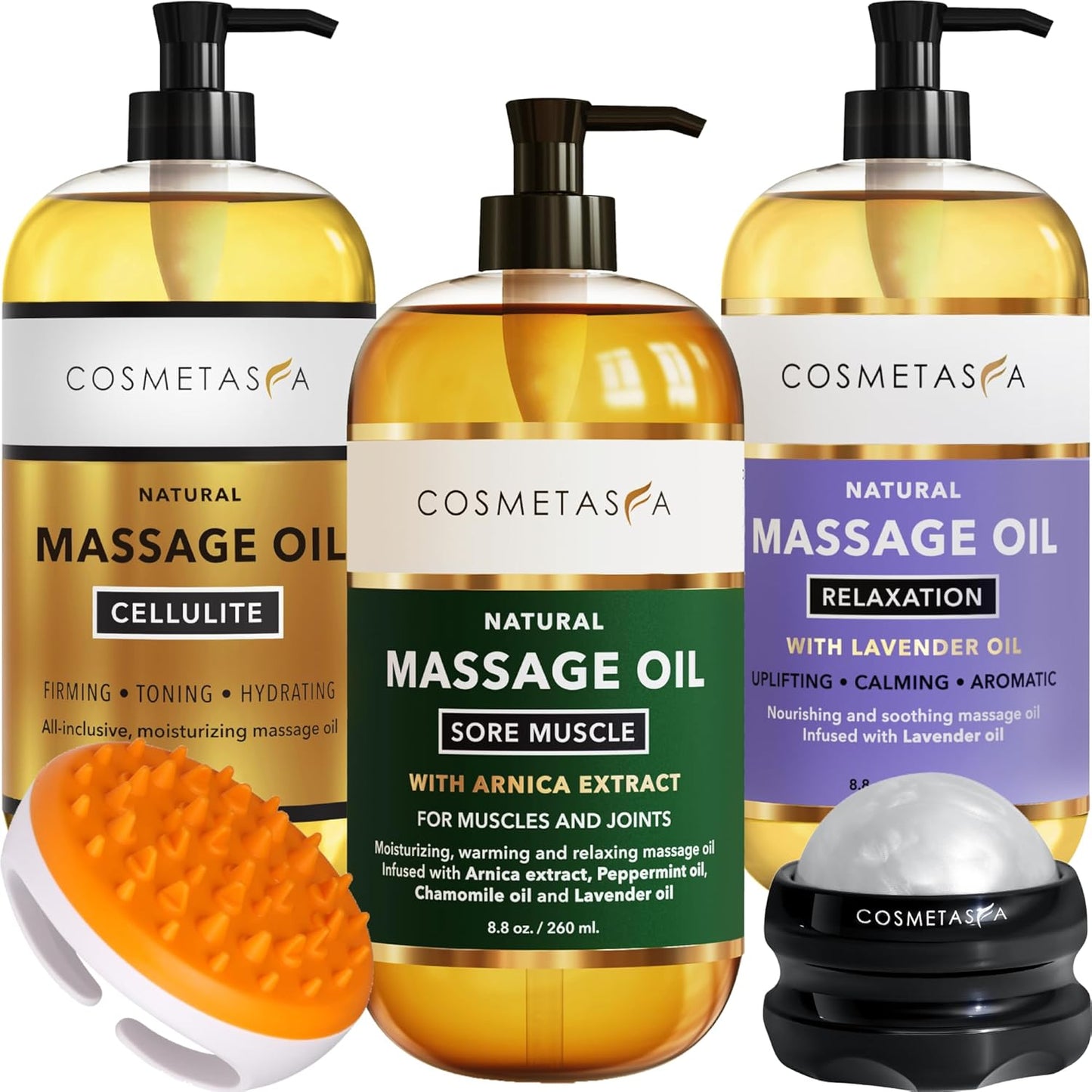 Cosmetasa Body Massage Oil for Massage Therapy Kit - Arnica Sore Muscle Massage Oil, Cellulite Massage Oil, Lavender Massage Oil, Skin Massage Roller Ball, Massager Mitt - Relaxing Luxury Spa Gift Set-BrightBean Baby