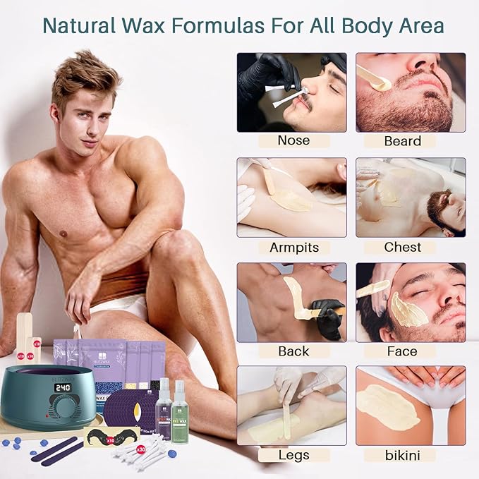 BLITZWAX Back and Nose Waxing Kit for Men, Hard Wax Warmer for Brazilian, Body and Face, At Home Hair Removal Kit, Beginner Friendly, Quick Heating, 93 Accessories, Blue Spruce-BrightBean Baby