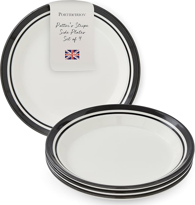 Portmeirion Potter's Striped Dinner Plate (Set of 4) - 8-Inch Stackable Earthenware Plates - Microwave & Dishwasher Safe, Handcrafted Dinnerware for Casual & Formal Table Settings (Black Stripe)