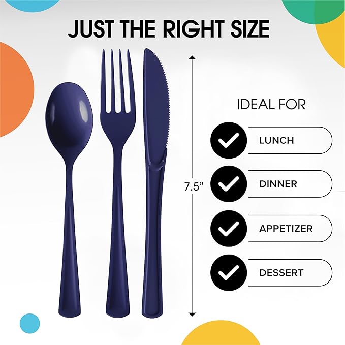 Party Solids Navy Plastic Silverware Heavy Duty 300 Pieces Navy Plastic Cutlery Sets, Utensil Sets, 100 Of Each Forks, Knives & Spoons Disposable Cutlery Set, Flatware Set For Party Supplies