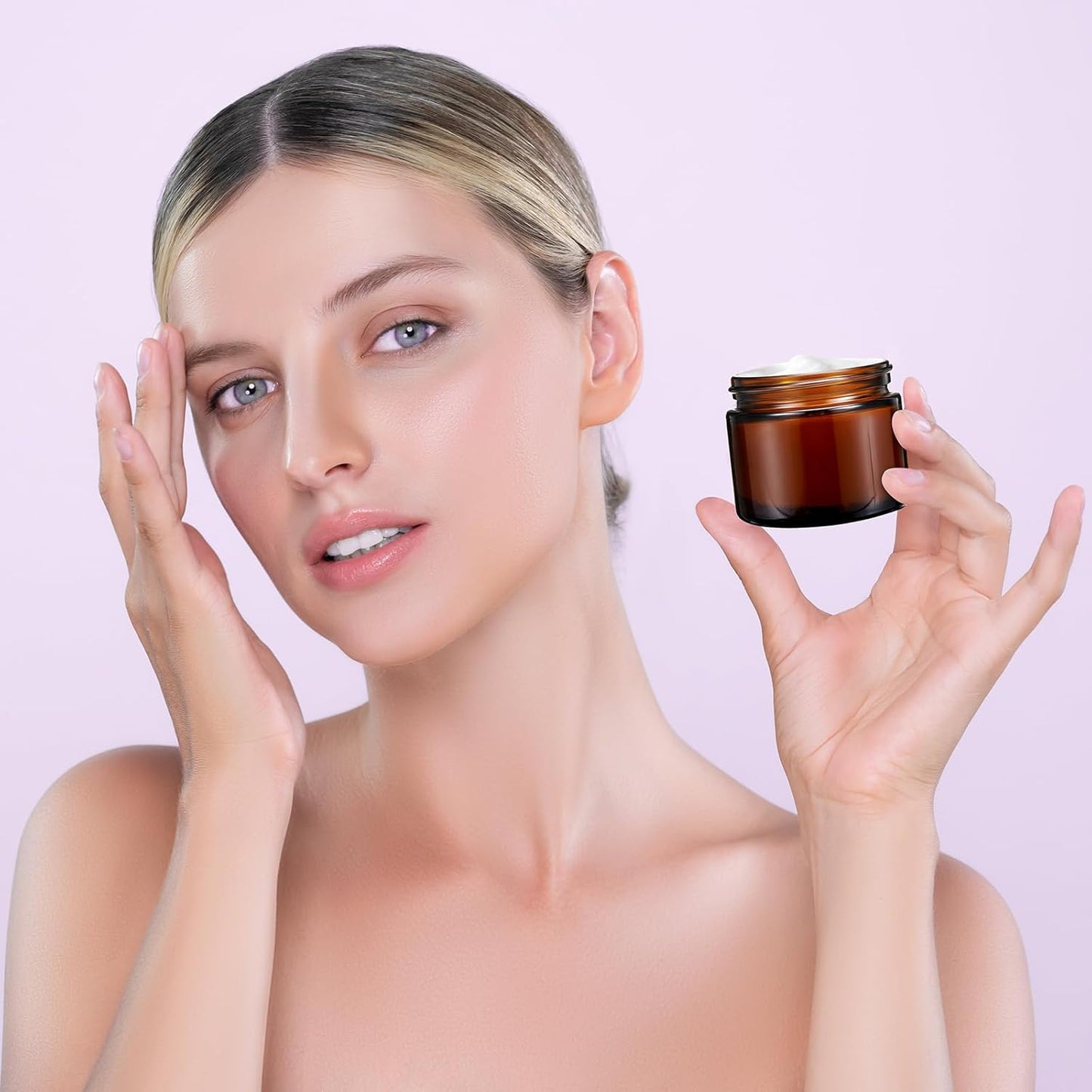 Domensi 32 Pcs 2 oz Glass Jars with Lids Travel Size Round Leakproof Empty Cosmetic Jars with Inner Liners Lid for Storing Makeup Lotions Face Cream Ointments Candle DIY Making (Amber)-BrightBean Baby