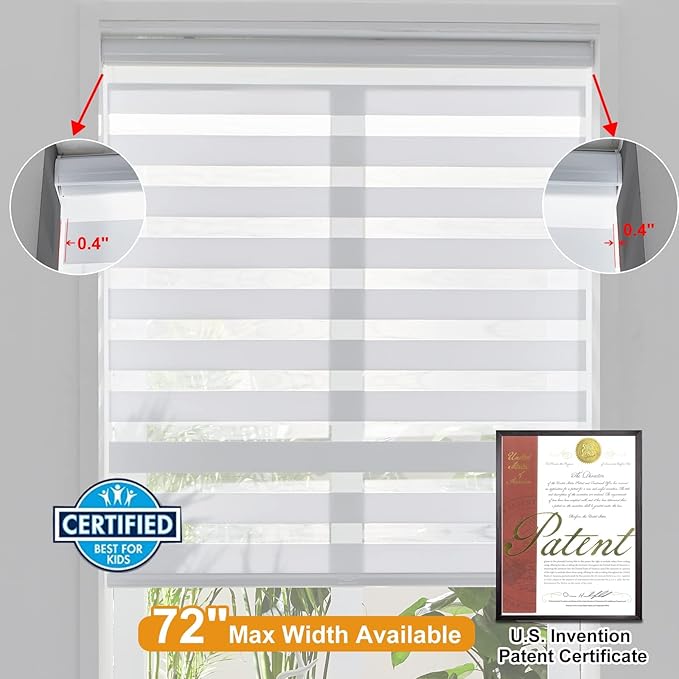 Persilux Cordless Zebra Blinds for Windows Dual Layer Roller Blinds (54" W x 64" H, White) Free-Stop Roller Blinds, Light Control for Day and Night, Light Filtering Sheer Roller Shades for Home