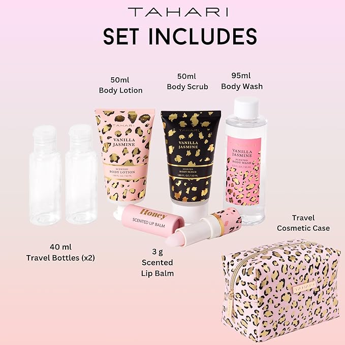 Tahari Spa Gift Set for Women, Vanilla Jasmine Spa Set, Bath Kit for Women Gift Set Includes Body Lotion, Body Wash, Hand Cream, Lotion Gift Set for Women, Birthday Gifts For Women - (Leopard)-BrightBean Baby