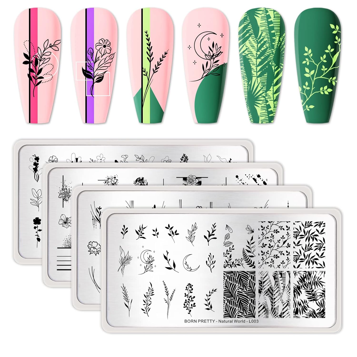 BORN PRETTY Stamping Temeplates Nail Art Stamping Plates Flower Leaves Theme Nail Image Plates Nail Manicuring DIY Printing Tools 4PCS-BrightBean Baby