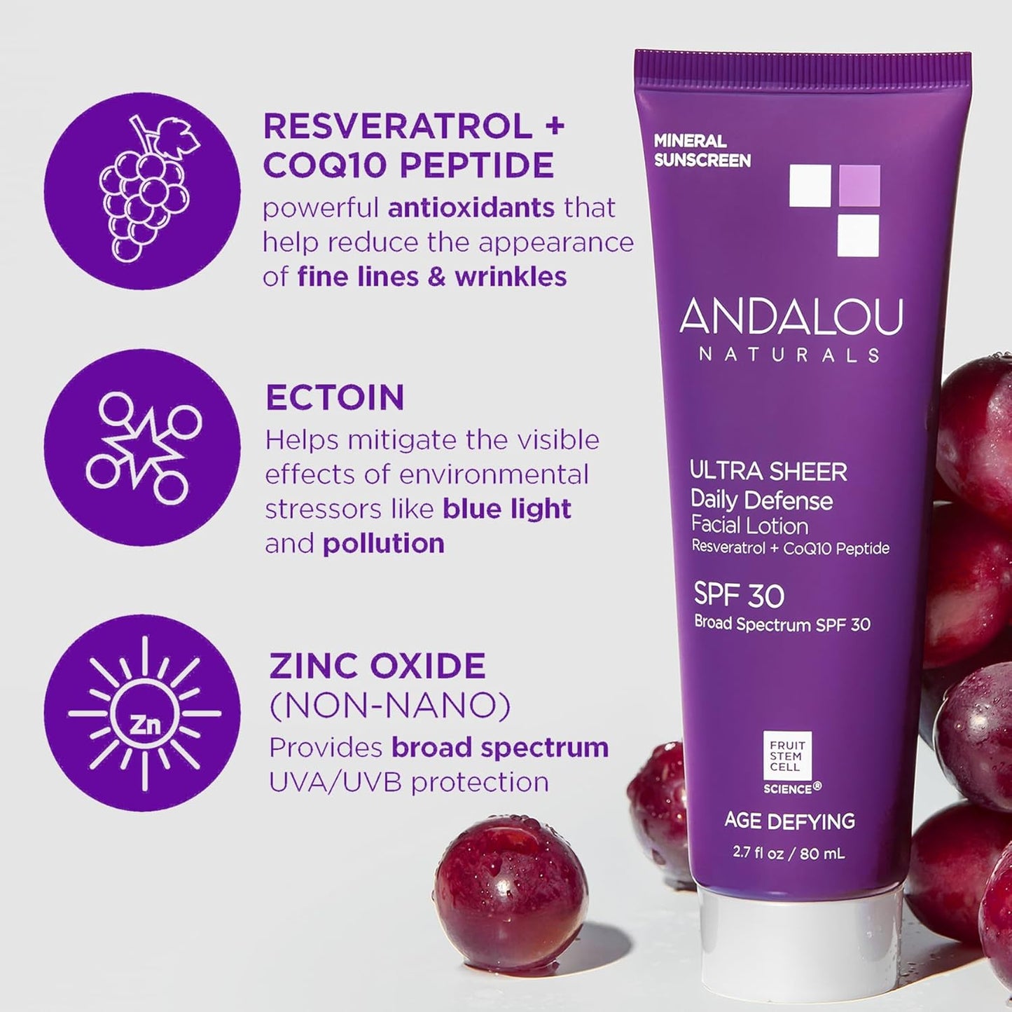 Andalou Naturals Age Defying Ultra Sheer Daily Defense Mineral Sunscreen SPF 30 | Face Lotion with Zinc Oxide | Lightweight Anti-Aging Sun Protection | 2.7 fl oz-BrightBean Baby