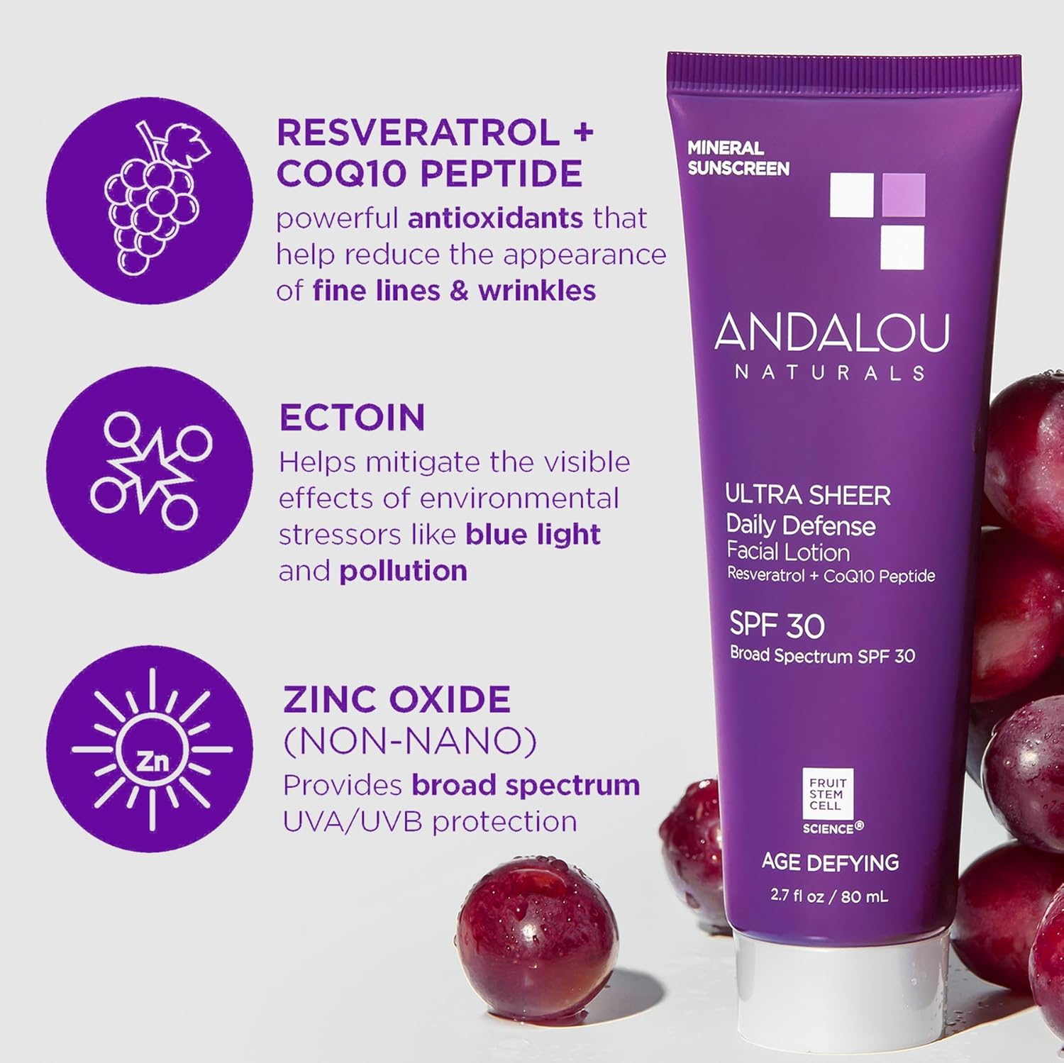 Andalou Naturals Age Defying Ultra Sheer Daily Defense Mineral Sunscreen SPF 30 | Face Lotion with Zinc Oxide | Lightweight Anti-Aging Sun Protection | 2.7 fl oz-BrightBean Baby