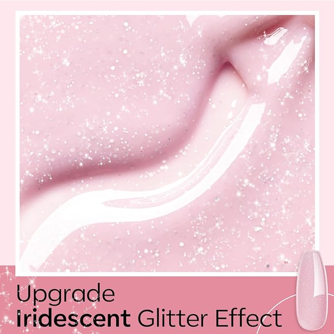 modelones Builder Nail Gel, 8-in-One Nude Pink Glitter Builder, Rainbow Iridescent Shimmer Nail Gel Polish, Jelly Pink Sparkle LED Lamp Cured Hard Rubber Color Base for Home DIY Salon Girls-BrightBean Baby