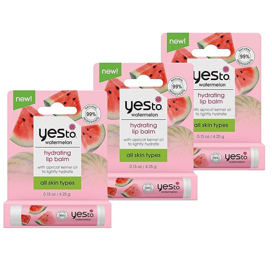 Yes To Watermelon Hydrating Lip Balm, Refreshing Non-Sticky Formula That Restores Dry Cracked Lips & Locks In Moisture, With Apricot Kernel Oil & Antioxidants, Natural & Cruelty Free, 0.15 Oz, 3-Pack-BrightBean Baby