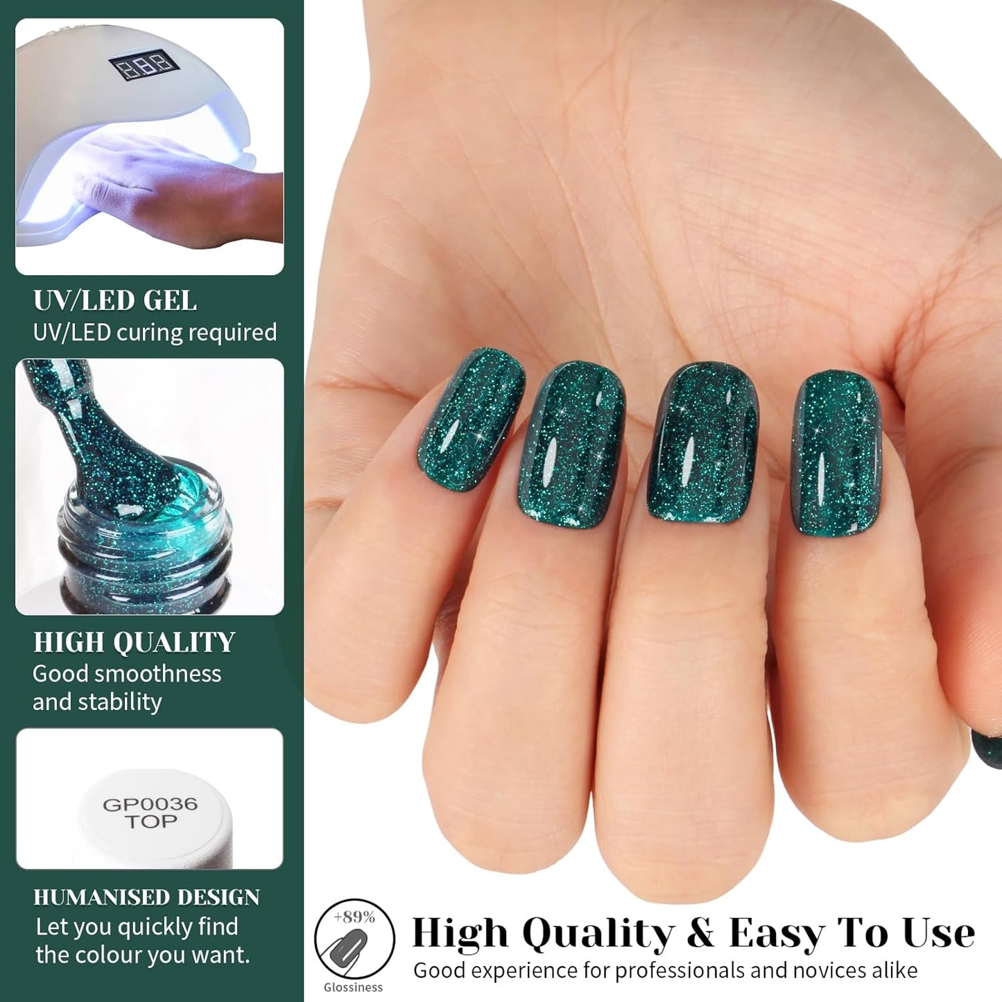 Glitter Gel Polish, Sparkly Shimmer Green Gel Nail Polish, 15ml Soak Off UV Gel Nail Polish for DIY Manicure, St. Patrick's Day Christmas Green Color Gel - GP0063-BrightBean Baby
