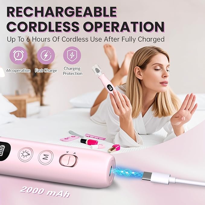 Electric Nail Drill, Cordless 2000 mAh Rechargeable Portable Nail File 12 in 1 Kit for Thick Toenails, 10 Speeds Nail Dril Machine Professional Manicure Pedicure for Hand Natural Nails Care (Pink)-BrightBean Baby