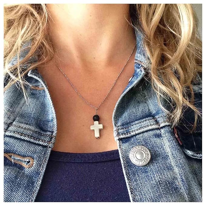 Boho Cross Pendant Necklace Black Lava Bead Choker Necklace Silver Chain Necklace Minimalist Everyday Necklace Jewelry for Women and Girls-BrightBean Baby