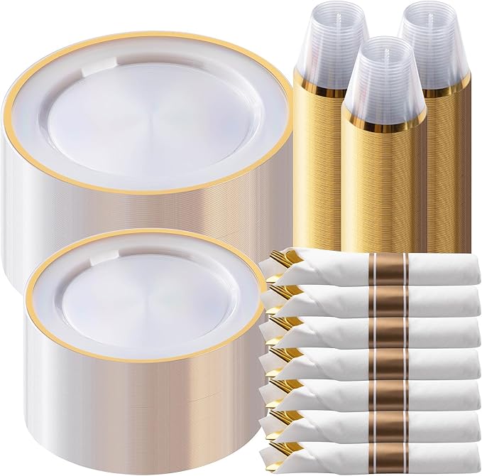 Goodluck 350 Piece Gold Plastic Dinnerware Set for Party, Clear Disposable Plates for 50 Guests, Include: 50 Dinner Plastic Plates, 50 Dessert Plates, 50 Pre Rolled Napkins with Cutlery Set, 50 Cups