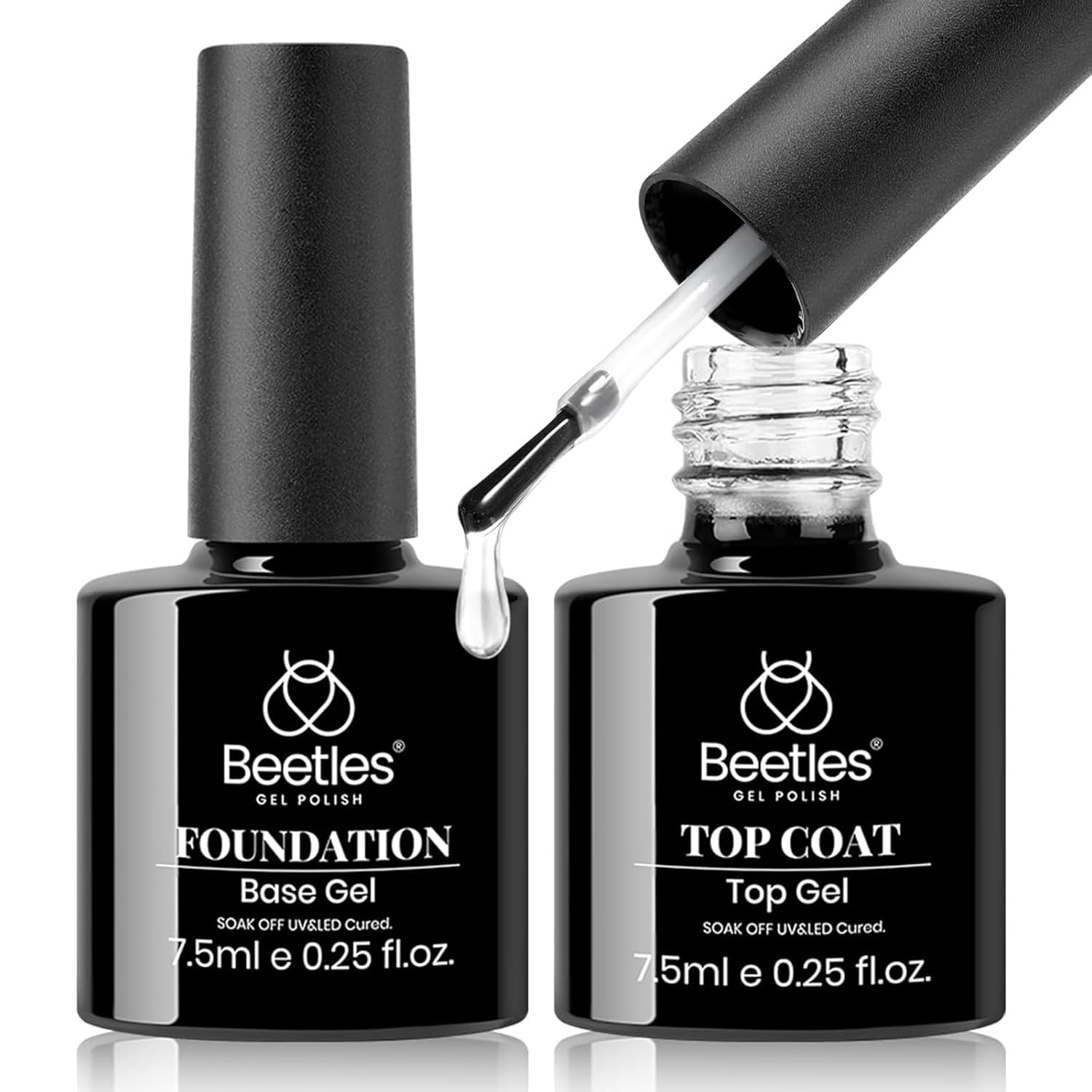 Beetles 2Pcs No Wipe Gel Top Coat and Base Coat Set, High Gloss Clear Long Lasting Base and Top Coat, Soak Off Nail Art DIY at Home-BrightBean Baby