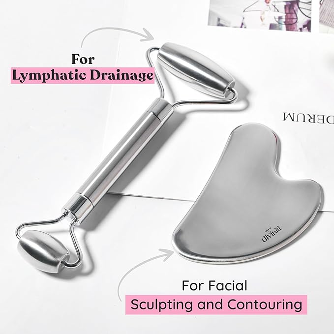 Stainless Steel Face Roller - Premium Gua Sha Facial Tools Stainless Steel GuaSha Tool and Face Roller Set - Gua Sha Stainless Steel Gua Sha Tool - Metal Face Roller and Gua Shua Set - Spa Gifts-BrightBean Baby