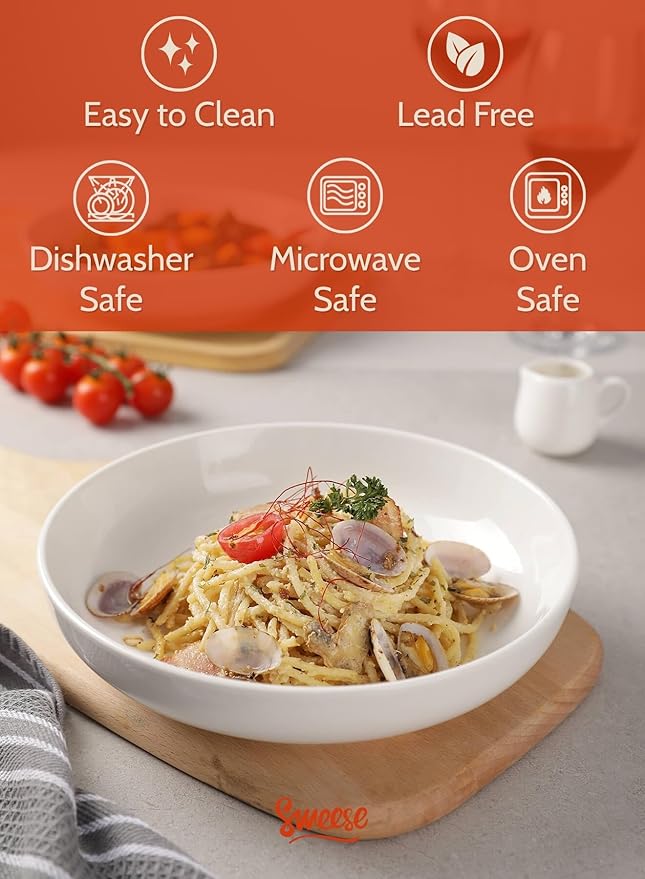 Sweese Large Salad Serving Bowls, 30 Ounce Porcelain White Pasta Plates Set of 6, 8.4 Inch Pasta Bowls for Dinner, Salad - Microwave Dishwasher