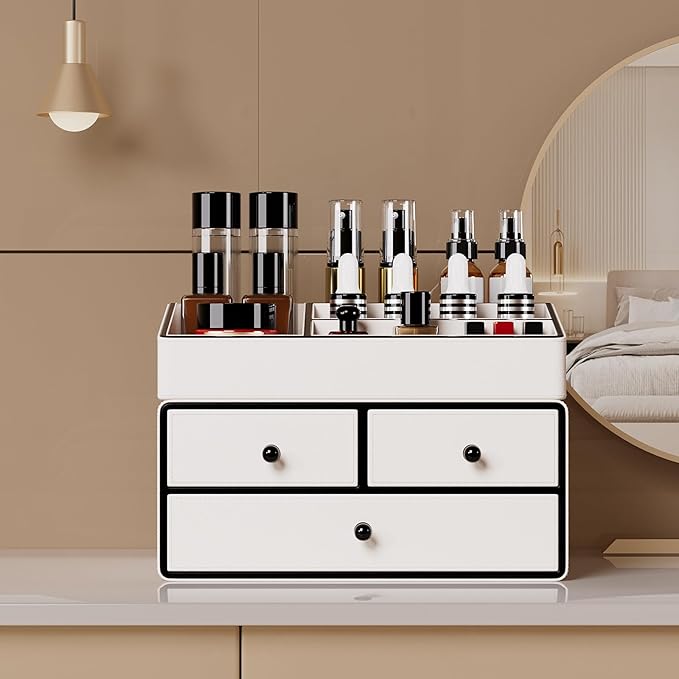 GORESE Leather Makeup Organizer with Drawers for Vanity, Stackable Skincare Holder Dresser Organizer Countertop, Make Up Storage Organizers Counter Cosmetic Display Case Gifts for Women(Cream White)-BrightBean Baby