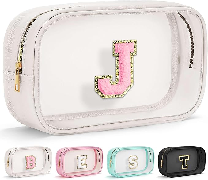 YOOLIFE Initial Make Up Bag Travel Toiletry Bag, Clear Makeup Bag Preppy Cosmetic Bags Organizer Travel Essentials Gifts for Women Teen Girlfriend Teacher Mom Brithday Mothers Day Gifts, Large, White-BrightBean Baby