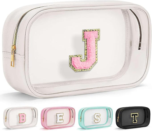 YOOLIFE Initial Make Up Bag Travel Toiletry Bag, Clear Makeup Bag Preppy Cosmetic Bags Organizer Travel Essentials Gifts for Women Teen Girlfriend Teacher Mom Brithday Mothers Day Gifts, Large, White-BrightBean Baby