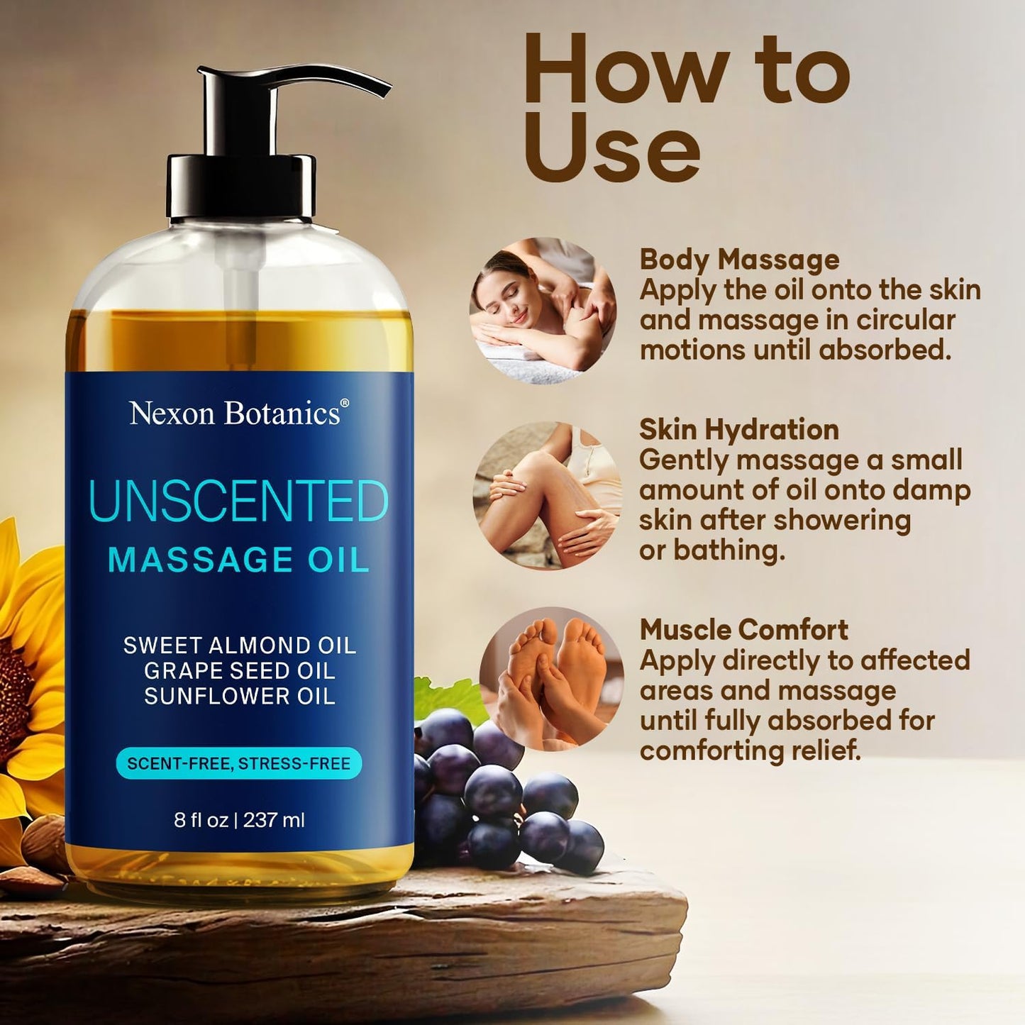 Unscented Massage Oil for Massage Therapy 8 fl oz - Refreshing and Relaxing - Natural Oils with Sweet Almond, Grape Seed and Sunflower Oil - for Men and Women - Nexon Botanics-BrightBean Baby