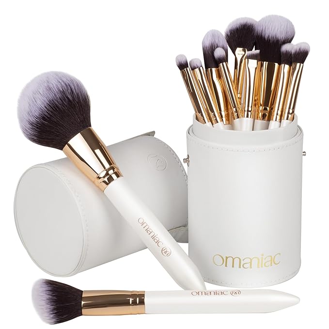OMANIAC Makeup Brush Set Professional, 12 Pearlescent Wood Handle Makeup Brushes, Premium Cruelty-Free Synthetic Fiber Hair, Travel Make up Brushes Set with Case (White).-BrightBean Baby