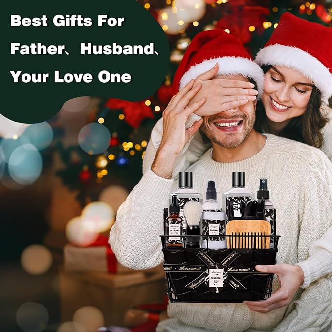 Valentines Day Gifts for Men Spa Gifts for Men, Charcoal Bath and Body Gift Set for Men, 10 Pcs Spa Kits Ideal Birthday, Christmas. Men's Relaxation Bath Baskets, Self Care Kit-BrightBean Baby