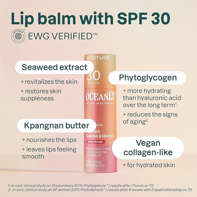 ATTITUDE Oceanly Tinted Lip Balm with SPF 30, EWG Verified, Plastic-Free, Broad Spectrum UVA/UVB Protection with Zinc Oxide, Vegan, Unscented, Baby Rose, 0.3 Ounce-BrightBean Baby