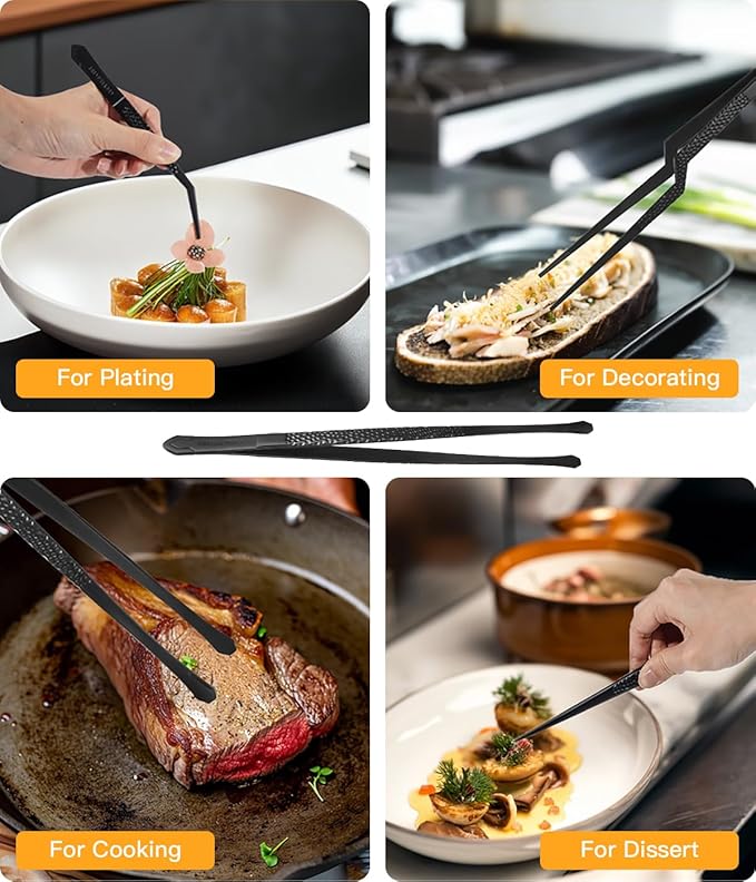 CREATIVECHEF Chef Tweezer Tongs, Professional Kitchen Tweezers, Precision Tweezer Tongs for Cooking, BBQ, Plating, Stainless Steel, Black (2)