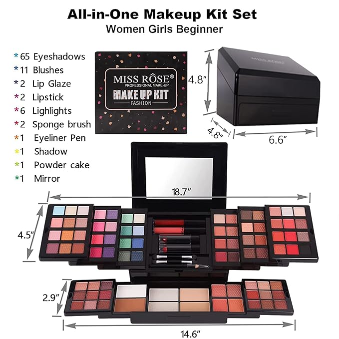 88 Colors Professional Makeup Palette Set Kit Combination, All In One Makeup Gift Set for women Full Kit， include Eyeshadow,Lipstick,Compact Powder,Eyeliner,Concealer（006-Black）-BrightBean Baby