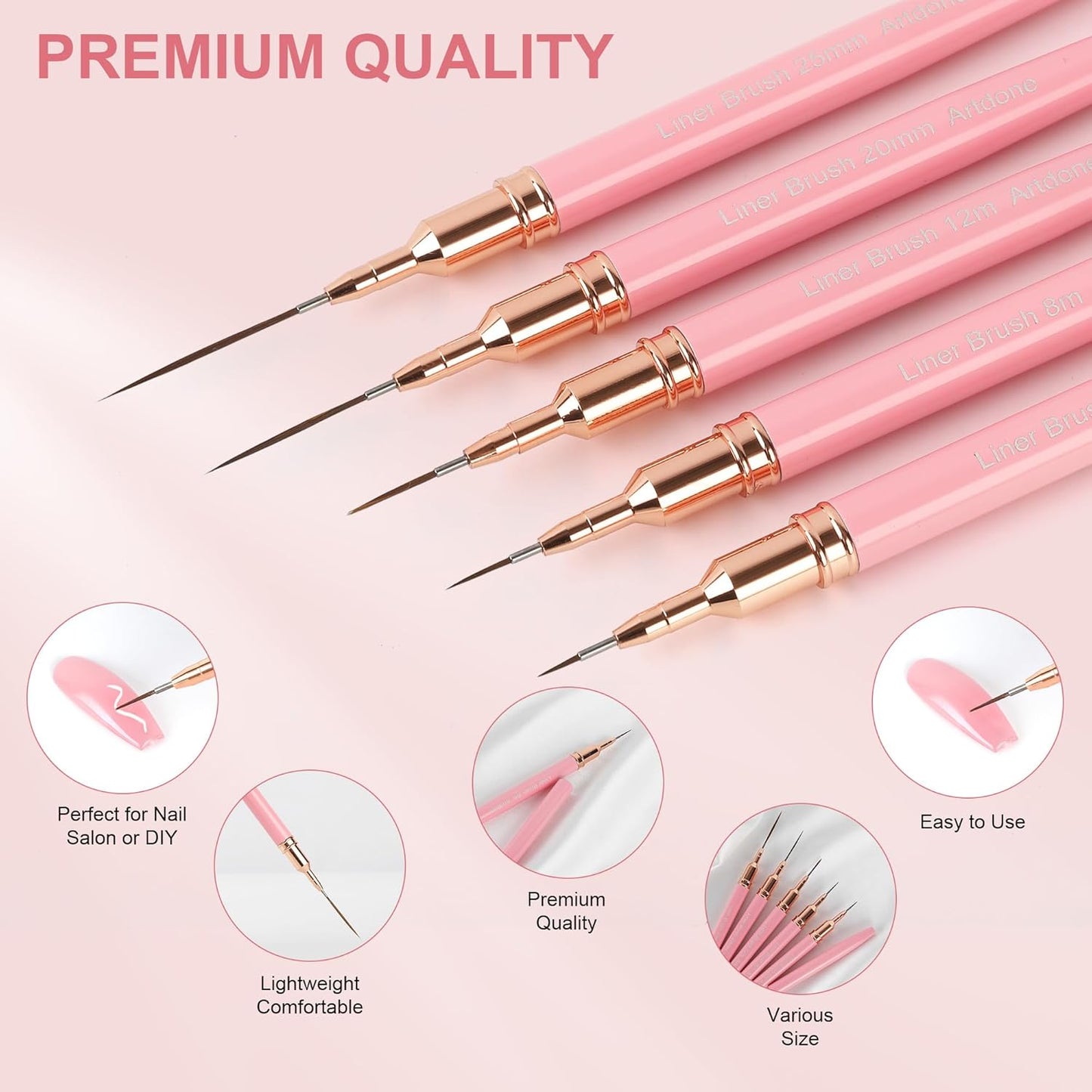 Artdone Metallic Nail Art Pens, Liner Brushes Set, 5PCS Pink Color Nail Tools For Long Lines, Thin Details, Fine Drawing, Liner Brush UV Gel Polish Painting Nail Design Sizes 5/8/12/20/25mm-BrightBean Baby