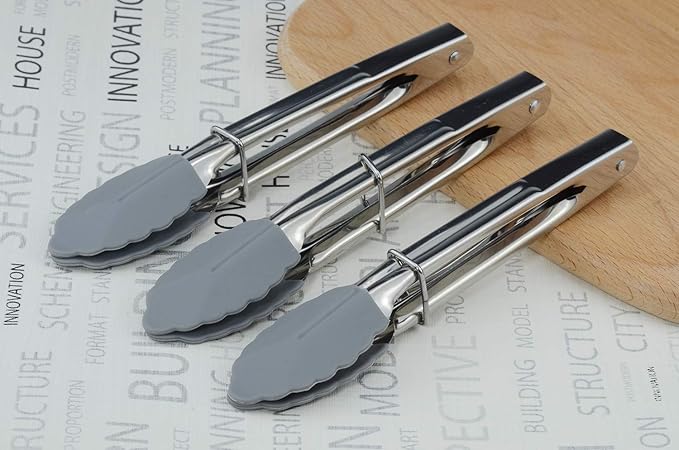 Silicone Utility Tong Kitchen Tongs 7 Inch Metal Salad Tongs, Set of 3 (Gray)
