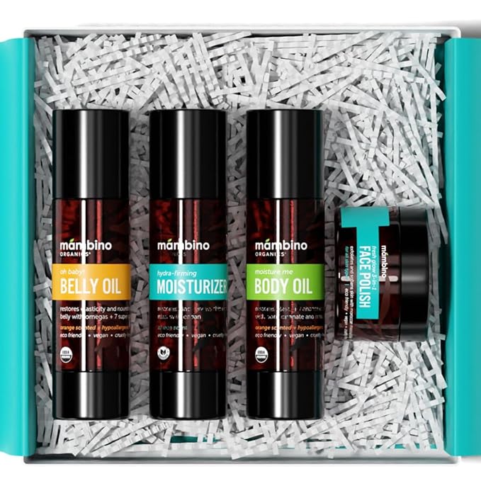 Second Trimester Set – All Natural Skincare Pregancy Gift Box – Anti-stretch mark Belly Oil, Moisturizing Body Oil, Face Polish, Face Moisturizer - Mambino Organics-BrightBean Baby