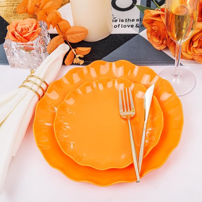 LIYH 24 Pcs Orange Scalloped Plates - Sturdy Plastic Orange Plates for Halloween & Thanksgiving Party Dishwasher Safe Reusable (12 Guests)