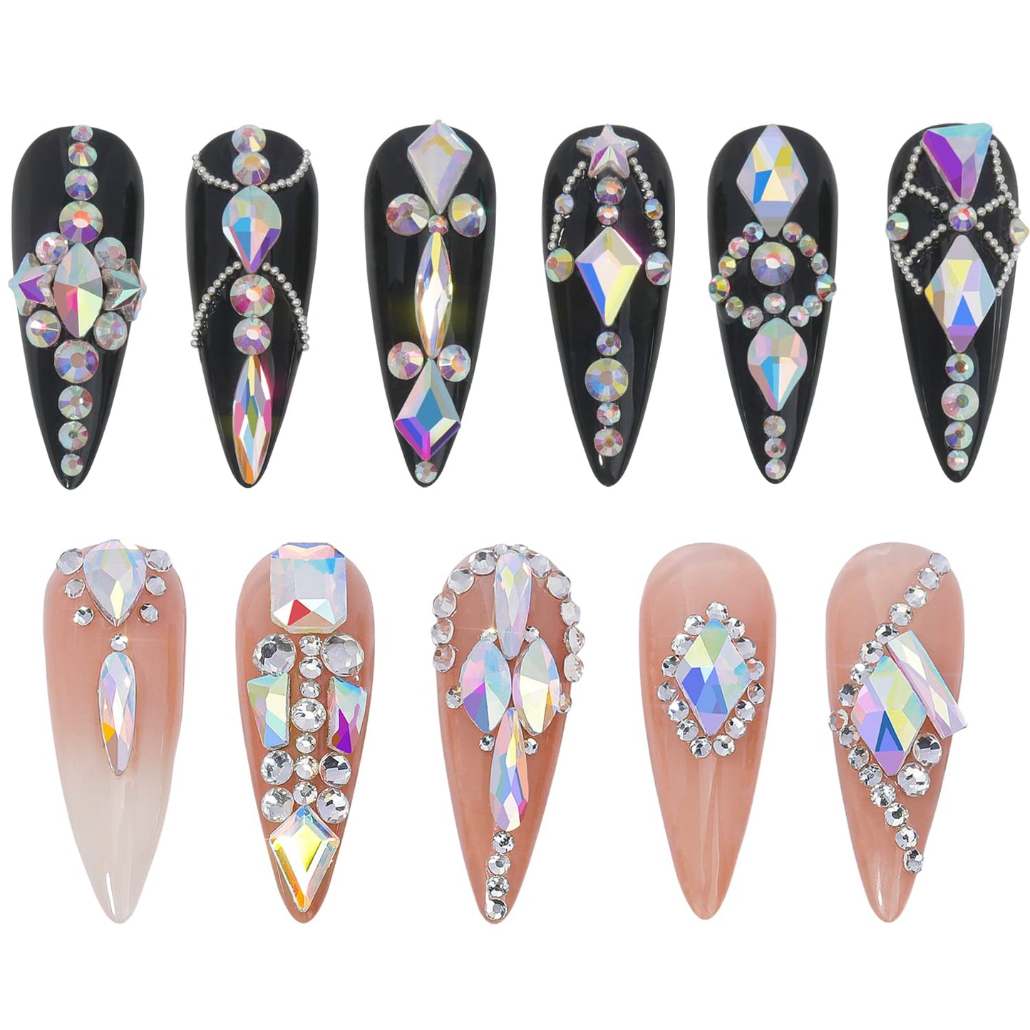 HNUIX Nail Rhinestones - 3D Multi Shape Size, AB Crystal Nail Gems and Charms, Flat Back, with Kit, for Nail Art, DIY Decorations-BrightBean Baby