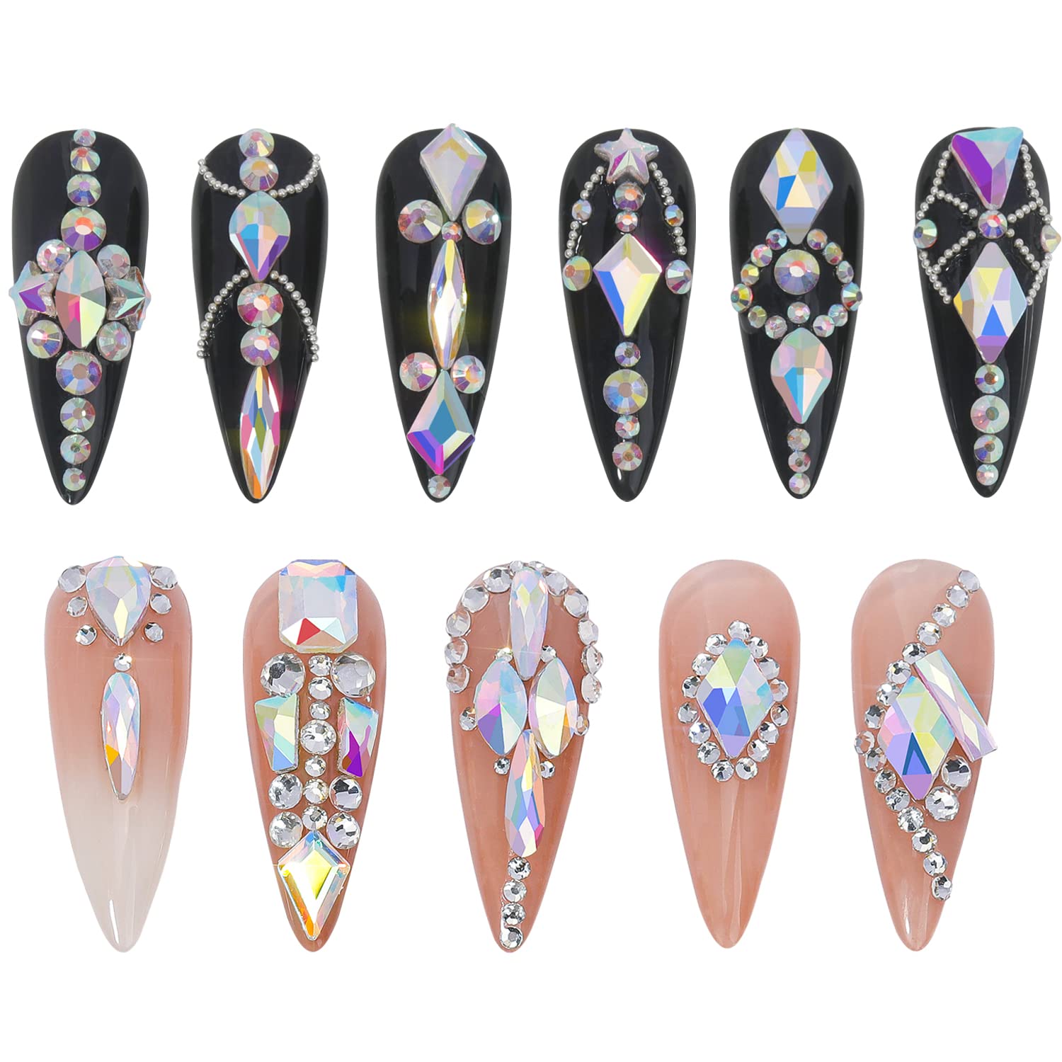 HNUIX Nail Rhinestones - 3D Multi Shape Size, AB Crystal Nail Gems and Charms, Flat Back, with Kit, for Nail Art, DIY Decorations-BrightBean Baby