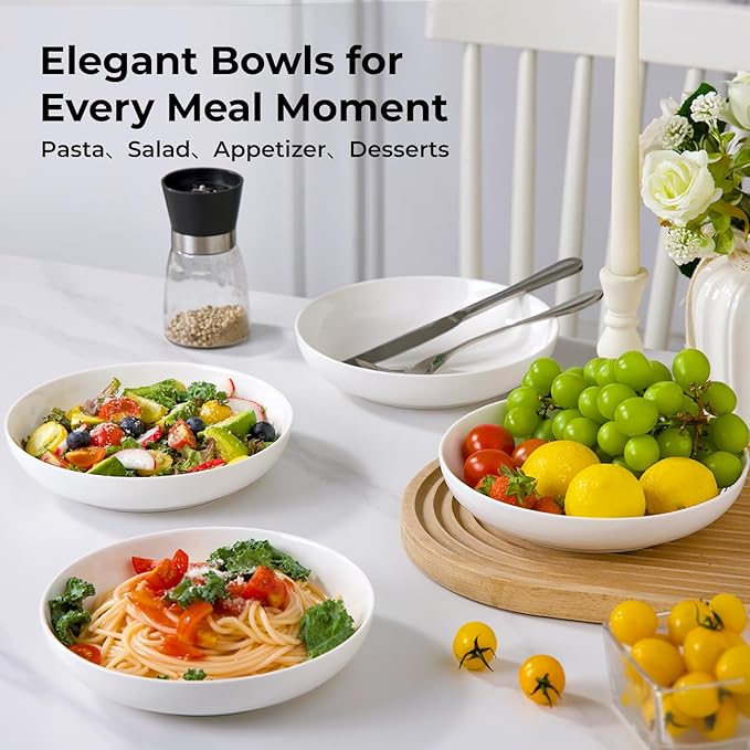 YHY Pasta Bowls Set of 4, 22 oz Ceramic Salad Plates, 7.8 Inch Wide Shallow Porcelain Dishes for Dinner, Microwave & Dishwasher Safe, White