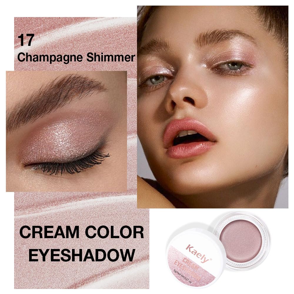 Kaely Single Cream Eyeshadow Pot, Champagne Shimmer Eye Shadow for Older Women High Pigmented Waterproof, Natural Eyeshadow Palette Makeup Brightener, sombras en crema para ojos, Blendable, 17-BrightBean Baby
