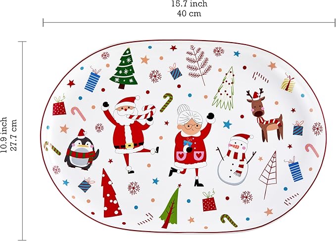 Bico Christmas Merry Crew Ceramic 16 inch plus 12 inch Ceramic Oval Platter, Set of 2, for Serving Turkey, Steak, Salad, Microwave & Dishwasher Safe