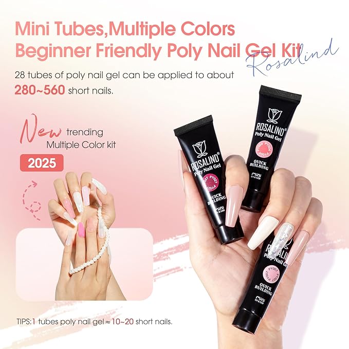ROSALIND 28 Colors Poly Nail Gel Kit with Mini U V/LED Lamp White Nude Poly Nails Gel Kit Starter Kits With Slip Solution Pink Extensions Set for Nail Manicure Beginner-BrightBean Baby