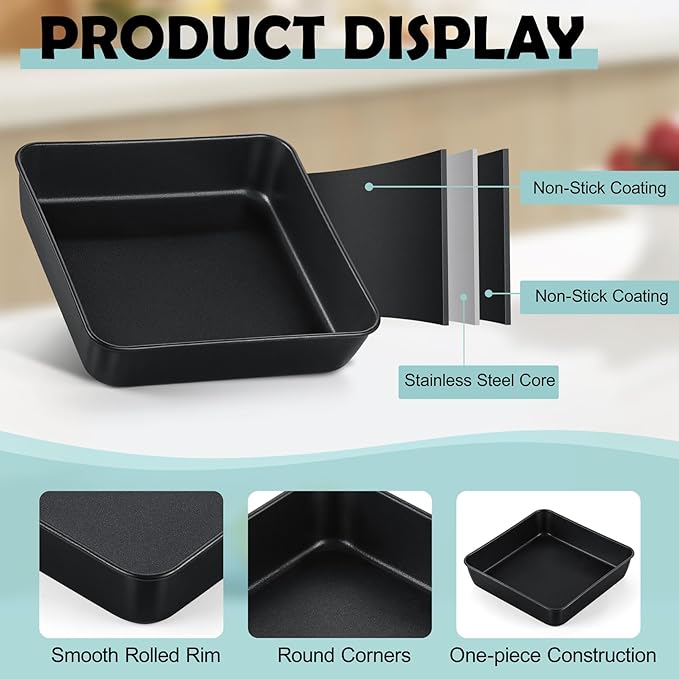 TeamFar Square Cake Pan, 6 Inch Square Brownie Lasagna Pan with Stainless Steel Core & Nonstick Coating, for Baking Roasting Serving Storing Food, Healthy & Oven Safe, Deep Side & Easy Cleanup